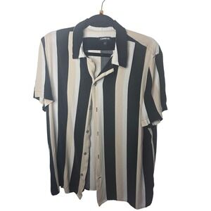 Express Mens Large Vertical Stripe Short Sleeve Button Up Shirt Black White Tan